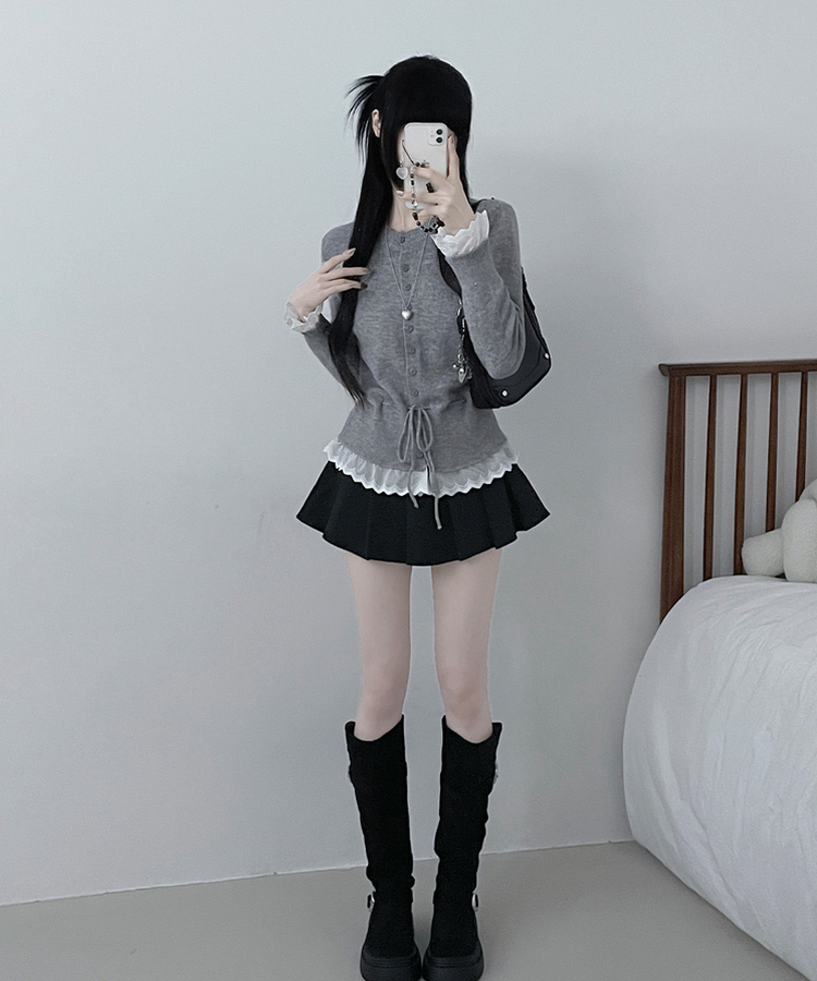レースフリルストラップニットカーディガン GREY