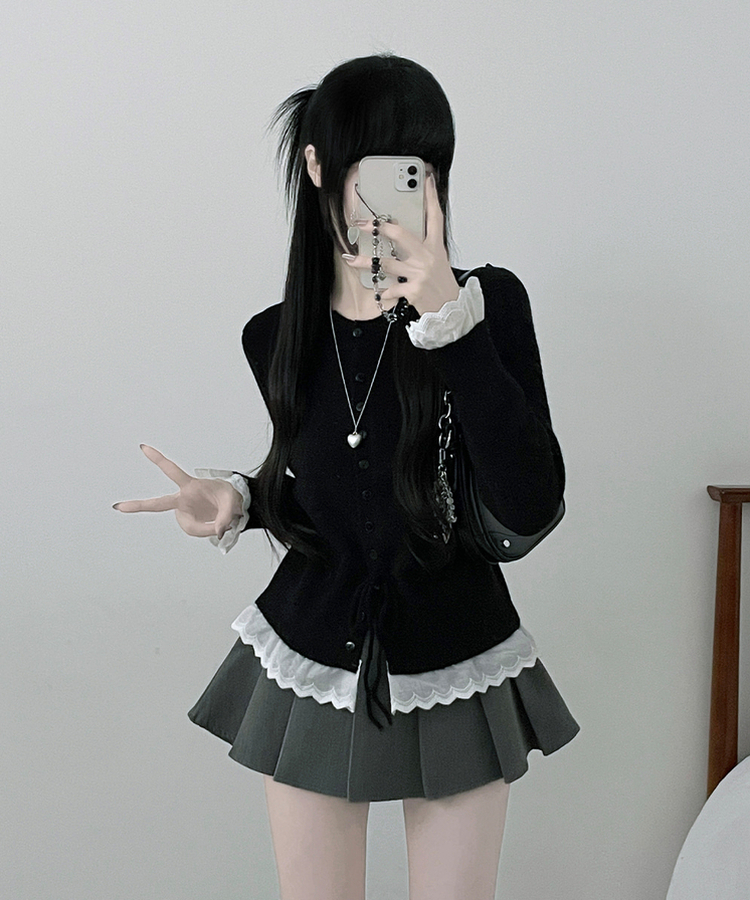 レースフリルストラップニットカーディガン BLACK