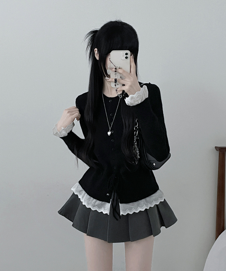 レースフリルストラップニットカーディガン BLACK