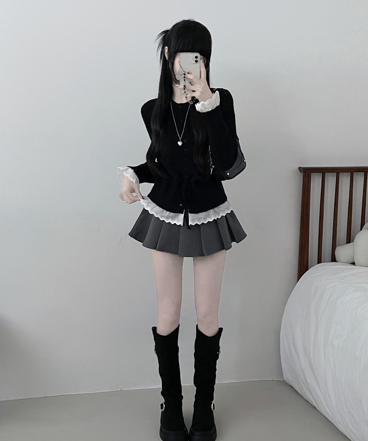 レースフリルストラップニットカーディガン BLACK