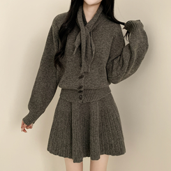 【SET マフラー付き】カーディガン プリーツニットスカート GREY