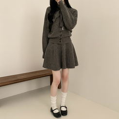 【SET マフラー付き】カーディガン プリーツニットスカート GREY
