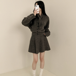 【SET マフラー付き】カーディガン プリーツニットスカート GREY