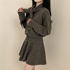 【SET マフラー付き】カーディガン プリーツニットスカート GREY