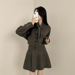 【SET マフラー付き】カーディガン プリーツニットスカート GREY