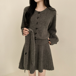【SET マフラー付き】カーディガン プリーツニットスカート GREY