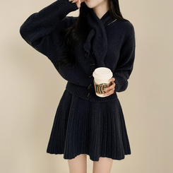 【SET マフラー付き】カーディガン プリーツニットスカート NAVY