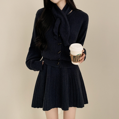 【SET マフラー付き】カーディガン プリーツニットスカート NAVY