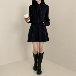 【SET マフラー付き】カーディガン プリーツニットスカート NAVY