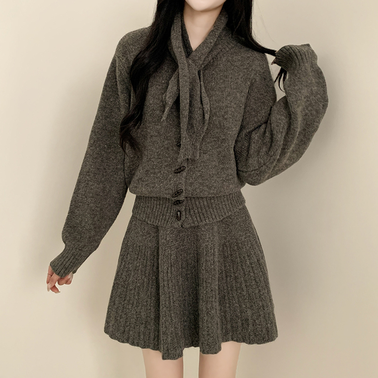 【SET マフラー付き】カーディガン プリーツニットスカート GREY