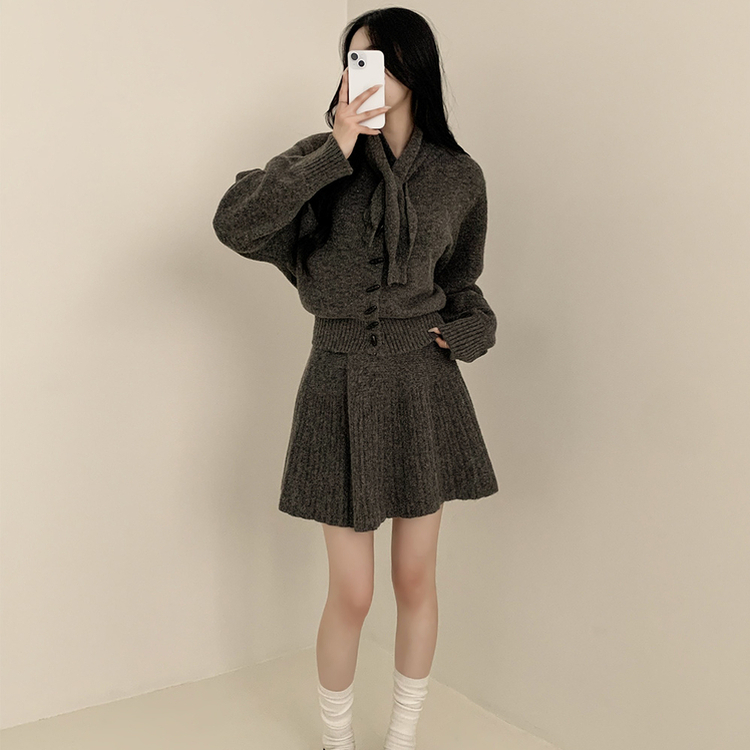 【SET マフラー付き】カーディガン プリーツニットスカート GREY