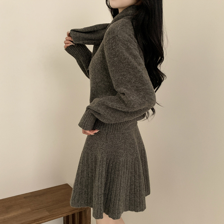 【SET マフラー付き】カーディガン プリーツニットスカート GREY