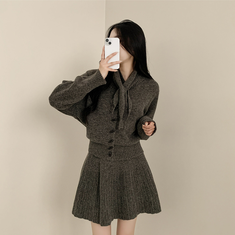 【SET マフラー付き】カーディガン プリーツニットスカート GREY