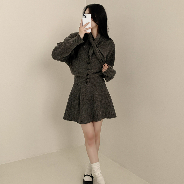 【SET マフラー付き】カーディガン プリーツニットスカート GREY