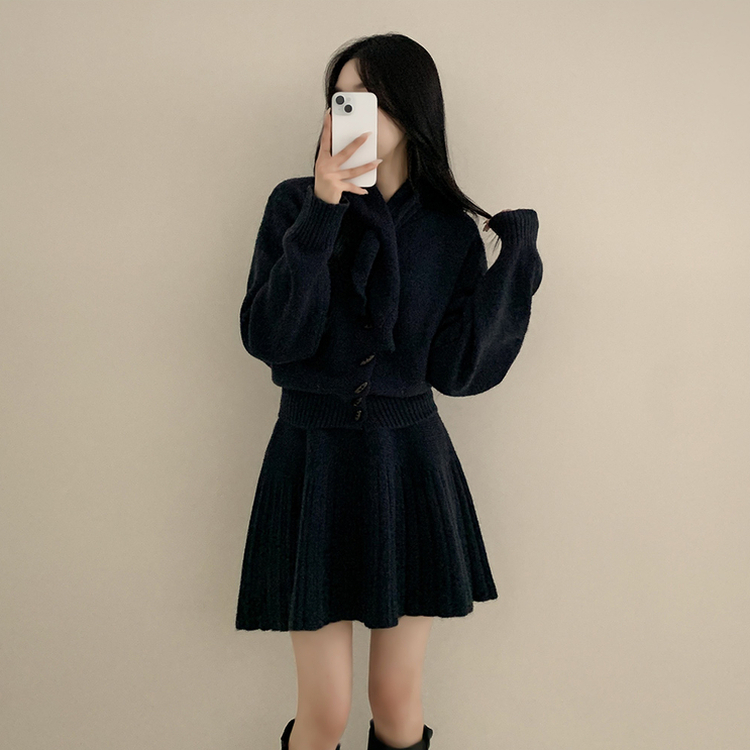 【SET マフラー付き】カーディガン プリーツニットスカート NAVY