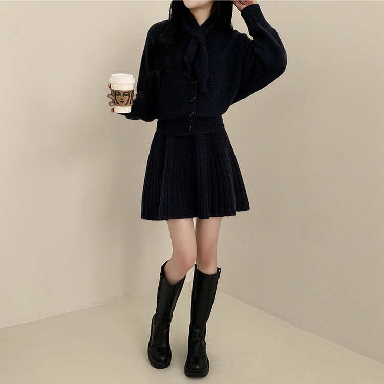 【SET マフラー付き】カーディガン プリーツニットスカート NAVY