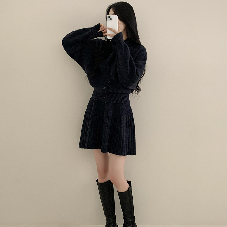 【SET マフラー付き】カーディガン プリーツニットスカート NAVY