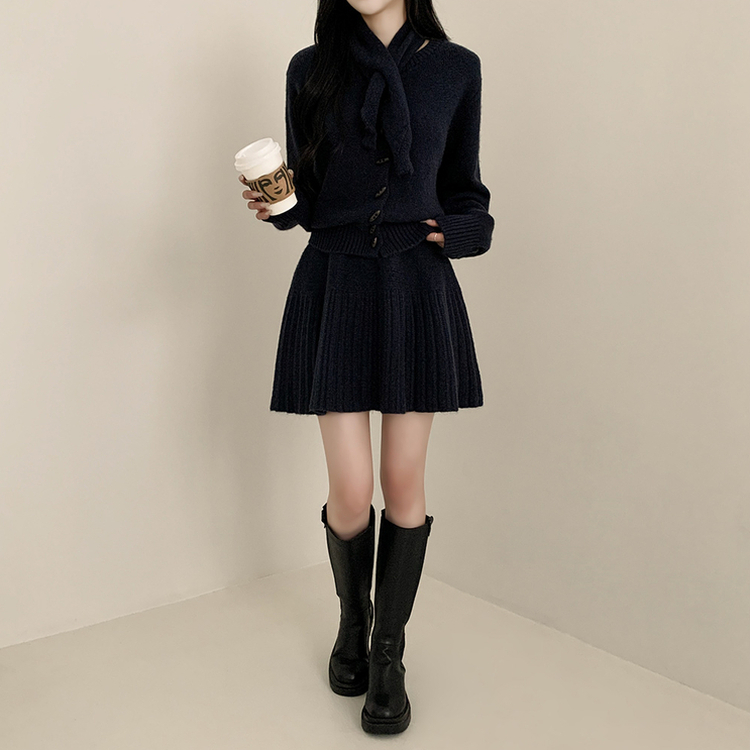 【SET マフラー付き】カーディガン プリーツニットスカート NAVY