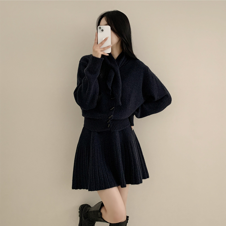 【SET マフラー付き】カーディガン プリーツニットスカート NAVY