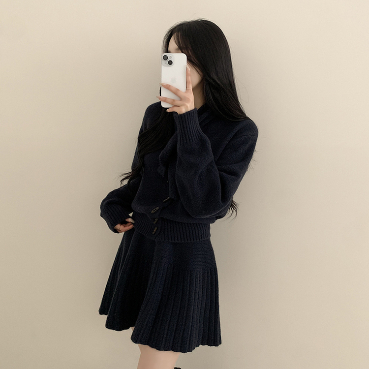【SET マフラー付き】カーディガン プリーツニットスカート NAVY