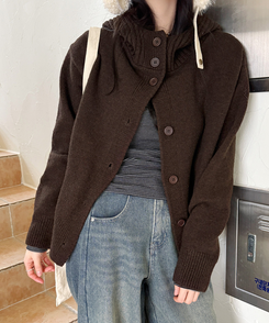 ハイネックフードカーディガン BROWN