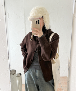 ハイネックフードカーディガン BROWN