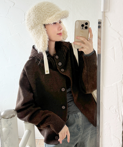 ハイネックフードカーディガン BROWN