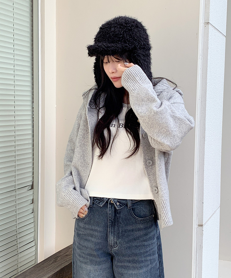 ハイネックフードカーディガン GREY