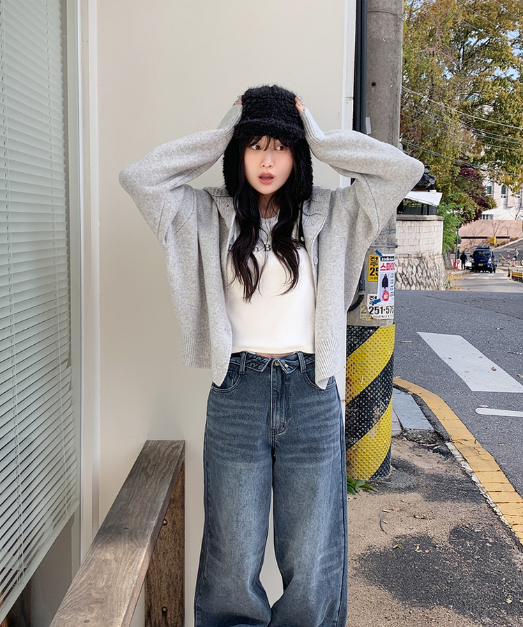 ハイネックフードカーディガン GREY