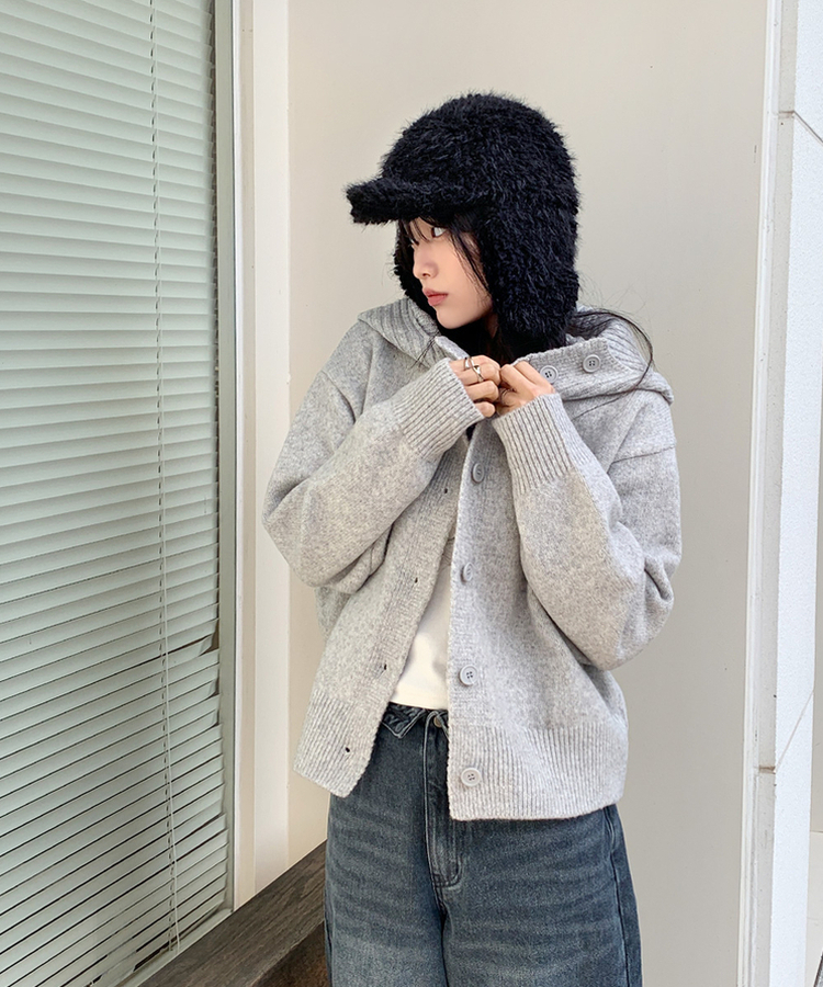 ハイネックフードカーディガン GREY