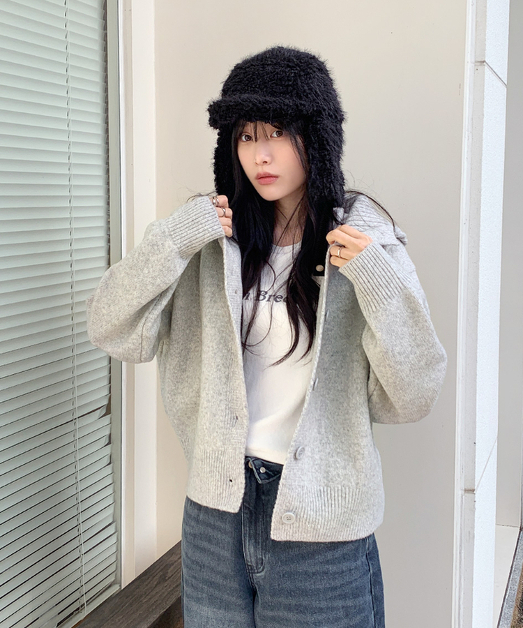 ハイネックフードカーディガン GREY