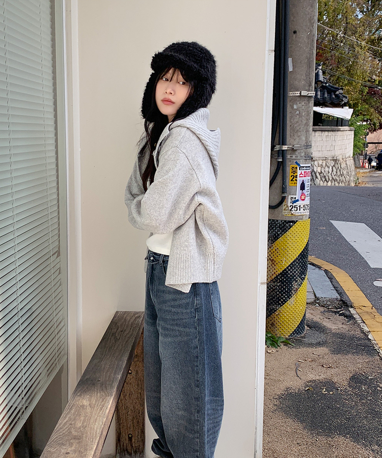 ハイネックフードカーディガン GREY
