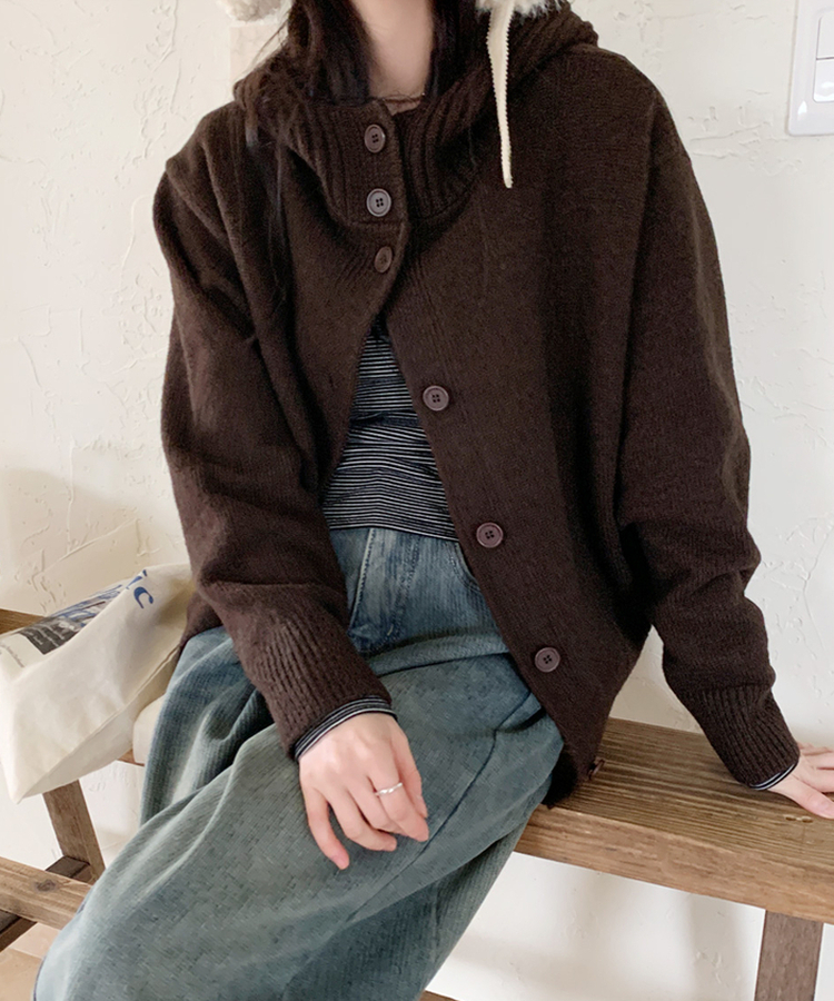 ハイネックフードカーディガン BROWN