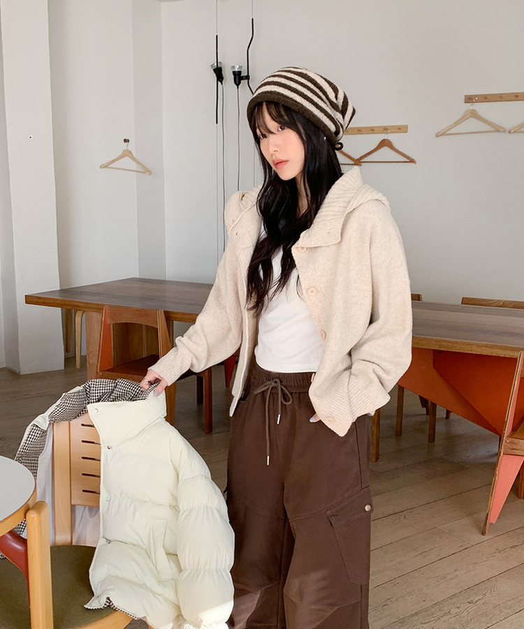 ハイネックフードカーディガン BEIGE