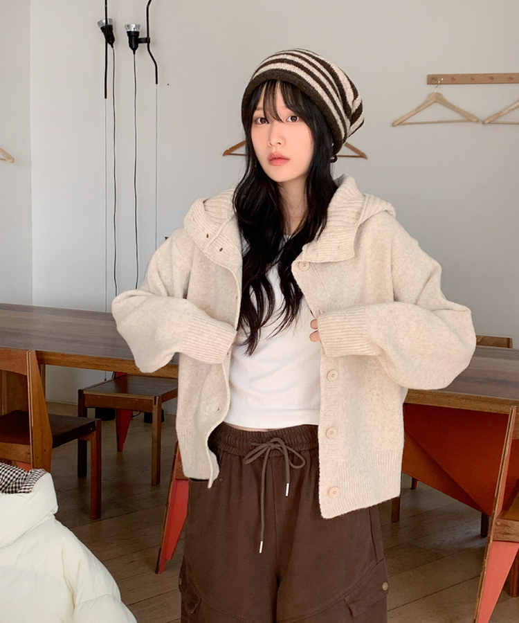 ハイネックフードカーディガン BEIGE