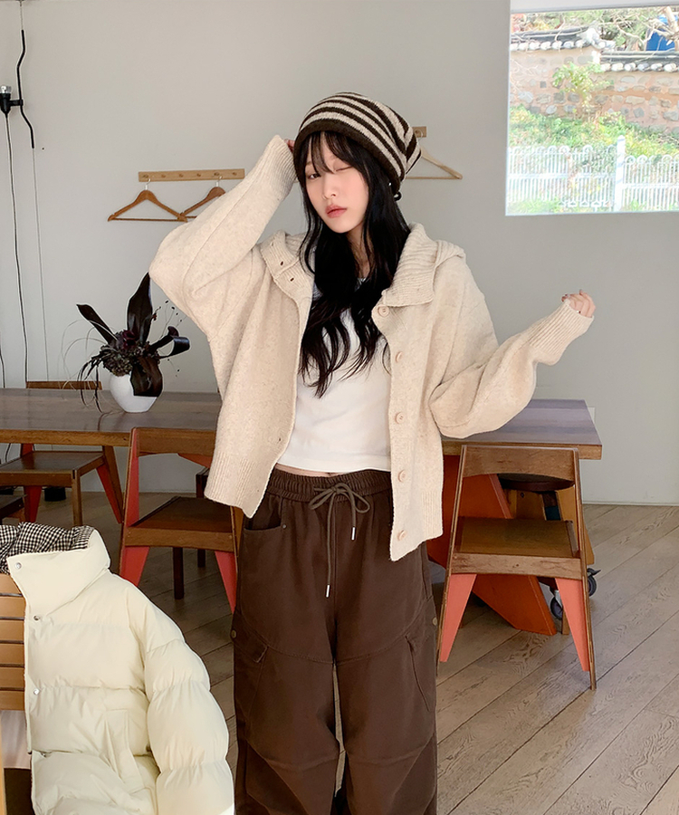 ハイネックフードカーディガン BEIGE