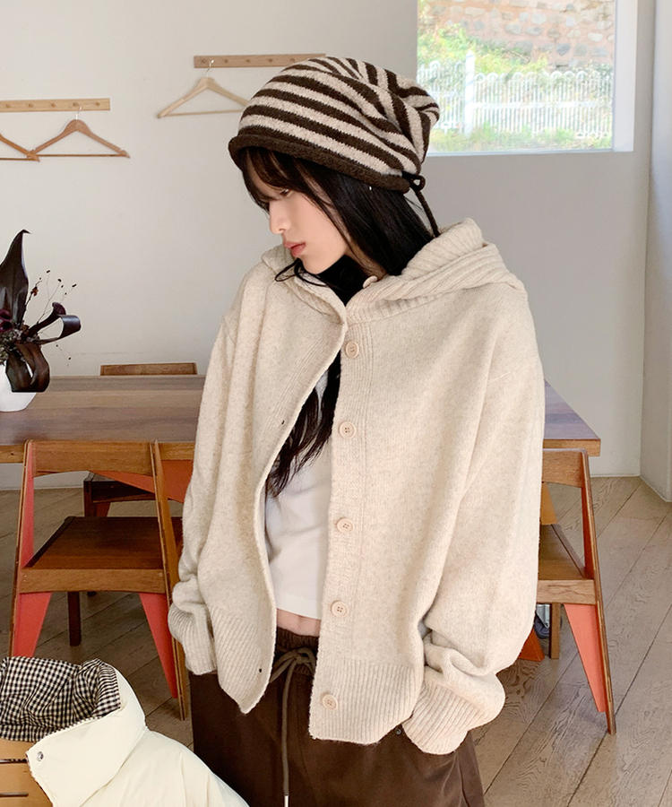 ハイネックフードカーディガン BEIGE