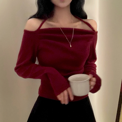 벨라 홀터넥 여리핏 셔링 긴팔티셔츠블라우스 와인