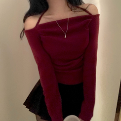 벨라 홀터넥 여리핏 셔링 긴팔티셔츠블라우스 와인