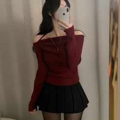 벨라 홀터넥 여리핏 셔링 긴팔티셔츠블라우스 와인