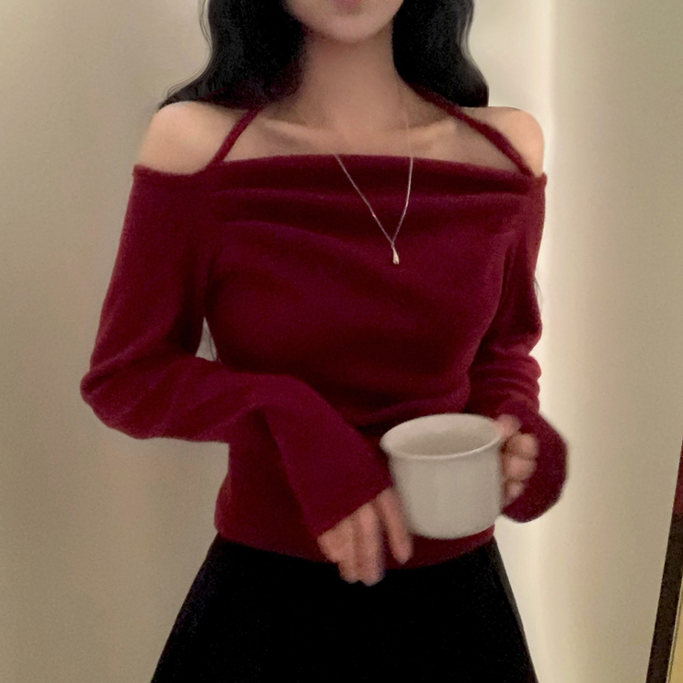 벨라 홀터넥 여리핏 셔링 긴팔티셔츠블라우스 와인