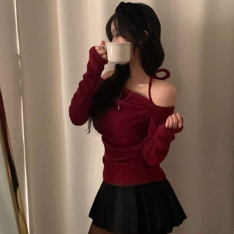 벨라 홀터넥 여리핏 셔링 긴팔티셔츠블라우스 와인