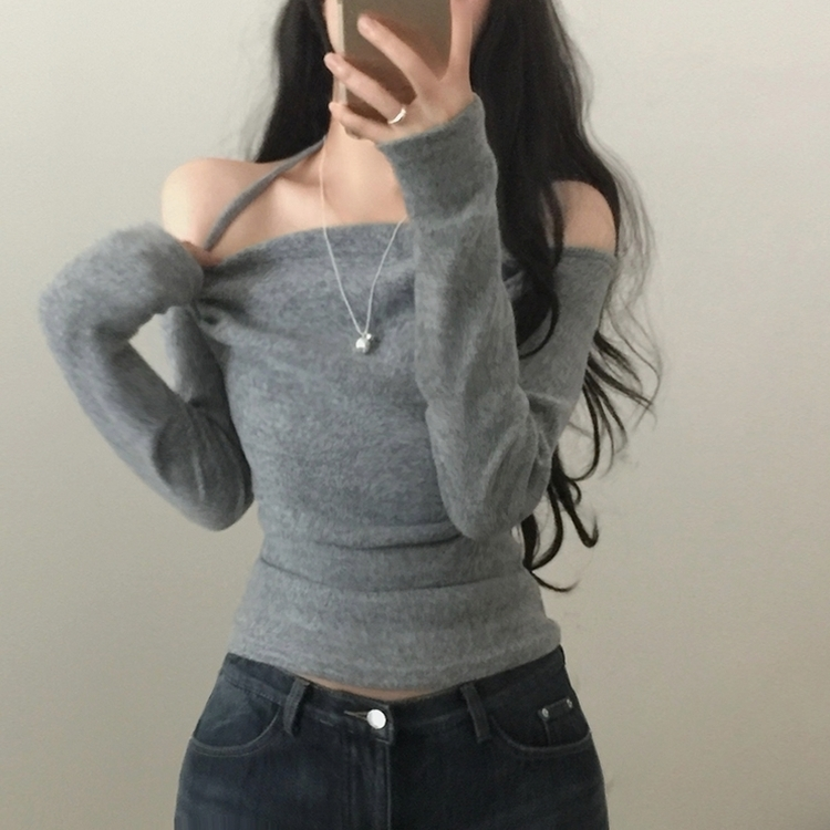 벨라 홀터넥 여리핏 셔링 긴팔티셔츠블라우스 그레이