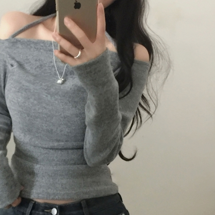 벨라 홀터넥 여리핏 셔링 긴팔티셔츠블라우스 그레이