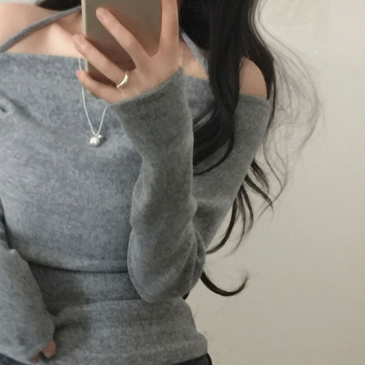 벨라 홀터넥 여리핏 셔링 긴팔티셔츠블라우스 그레이