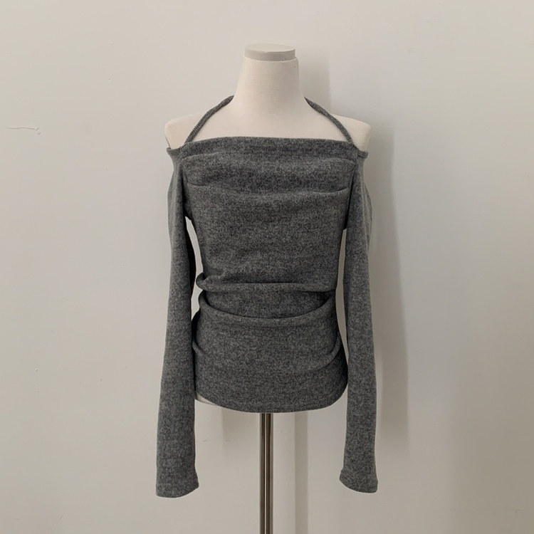 벨라 홀터넥 여리핏 셔링 긴팔티셔츠블라우스