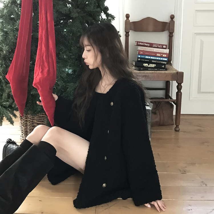 ノーカラーファーボアジャケット BLACK