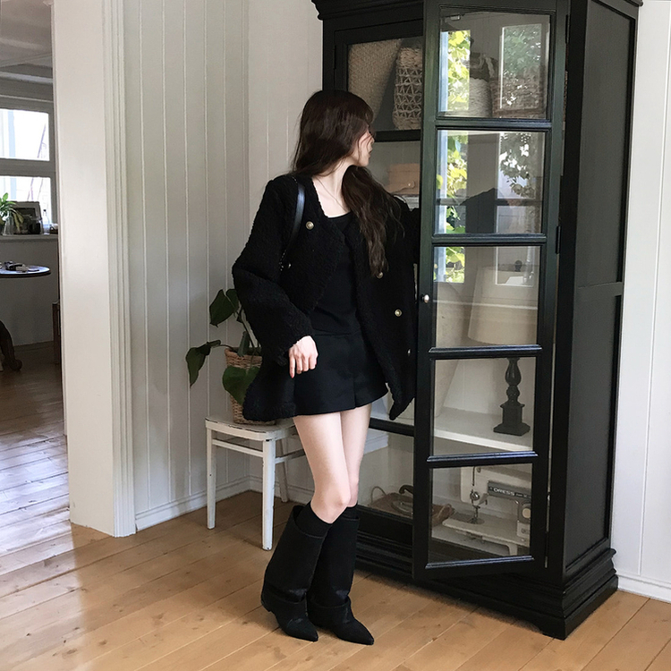 ノーカラーファーボアジャケット BLACK