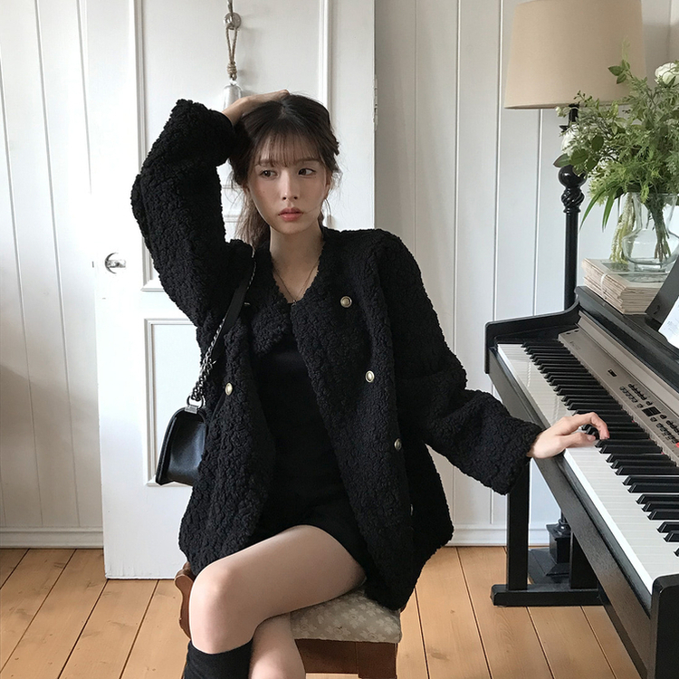 ノーカラーファーボアジャケット BLACK