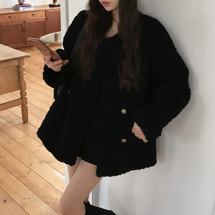 ノーカラーファーボアジャケット BLACK